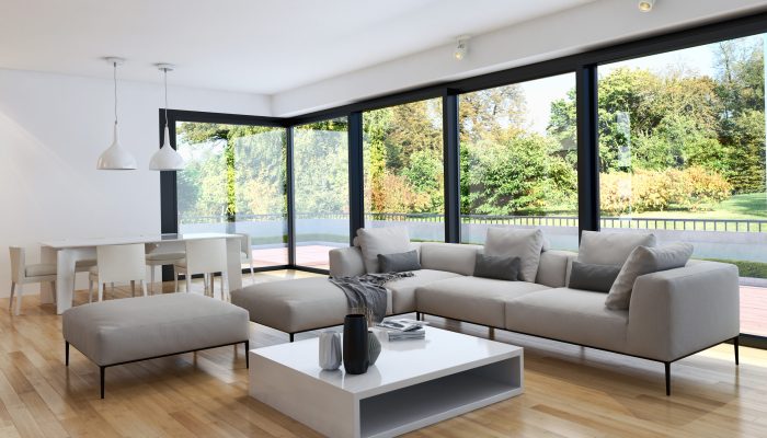 Modern bright interiors room 3D rendering illustration